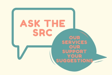 a speach bubble in blue on a yellow background with the words ask the src and another speech bubble saying our support our services your questions