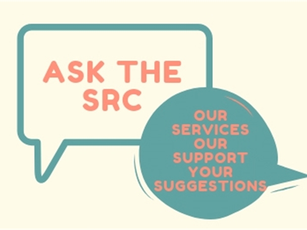 a speach bubble in blue on a yellow background with the words ask the src and another speech bubble saying our support our services your questions