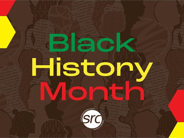 black history month banner with SRC logo QMU logo and GU Students of Colour Network logo