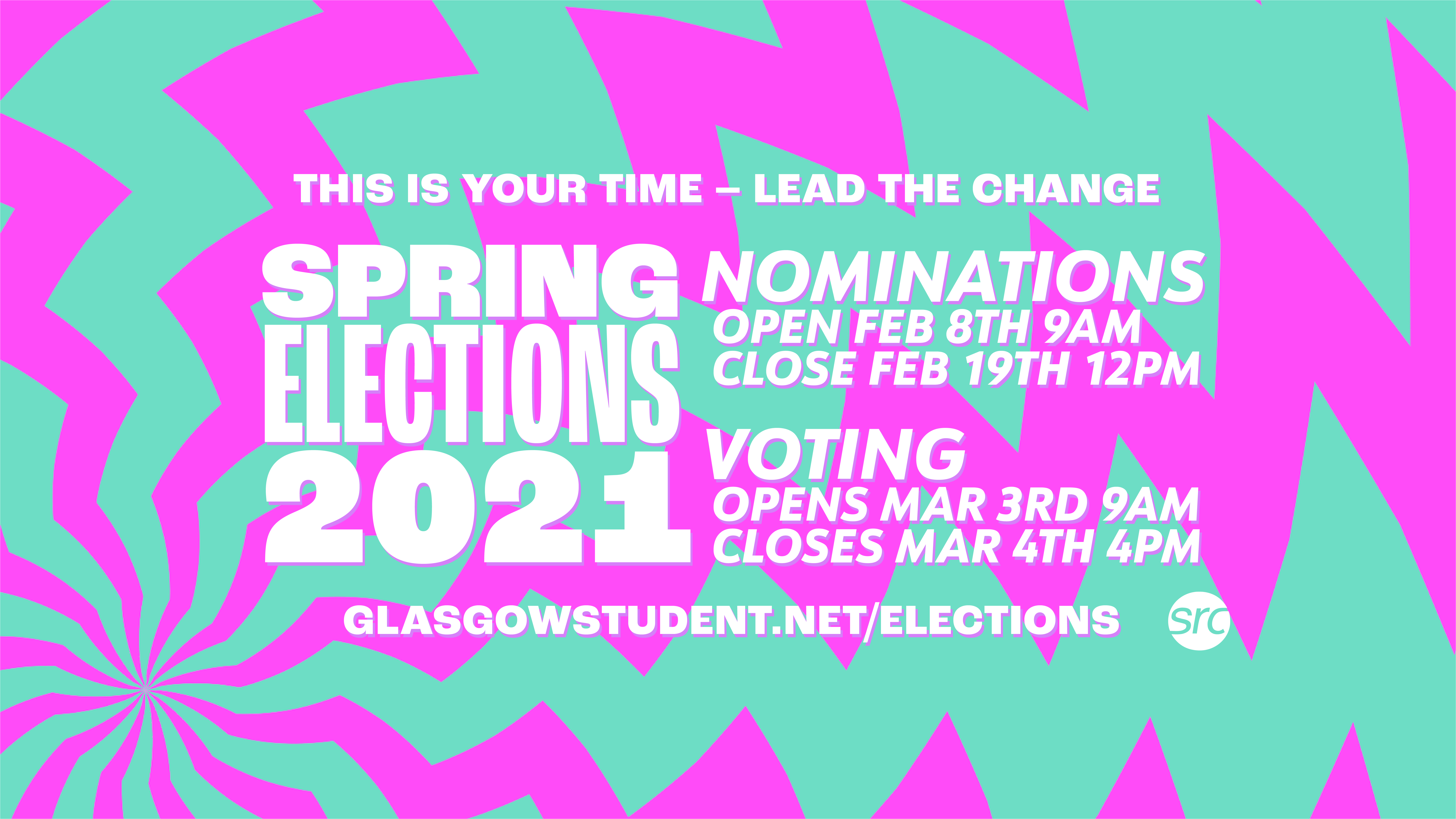 spring elections text pink and green background