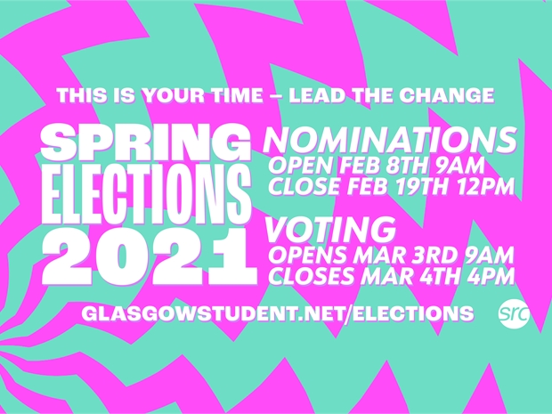 spring elections text pink and green background